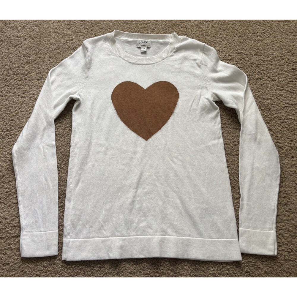 J Crew Camel Heart Teddie Sweater XS Top White Beige Valentines Cotton Casual